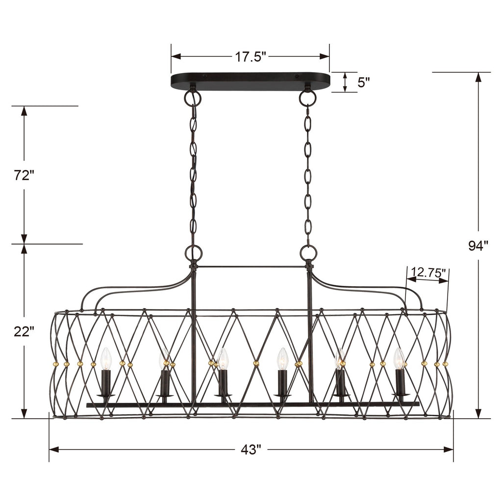 Crystorama Crystorama Zucca 6 Light English Bronze + Antique Gold Linear Chandelier