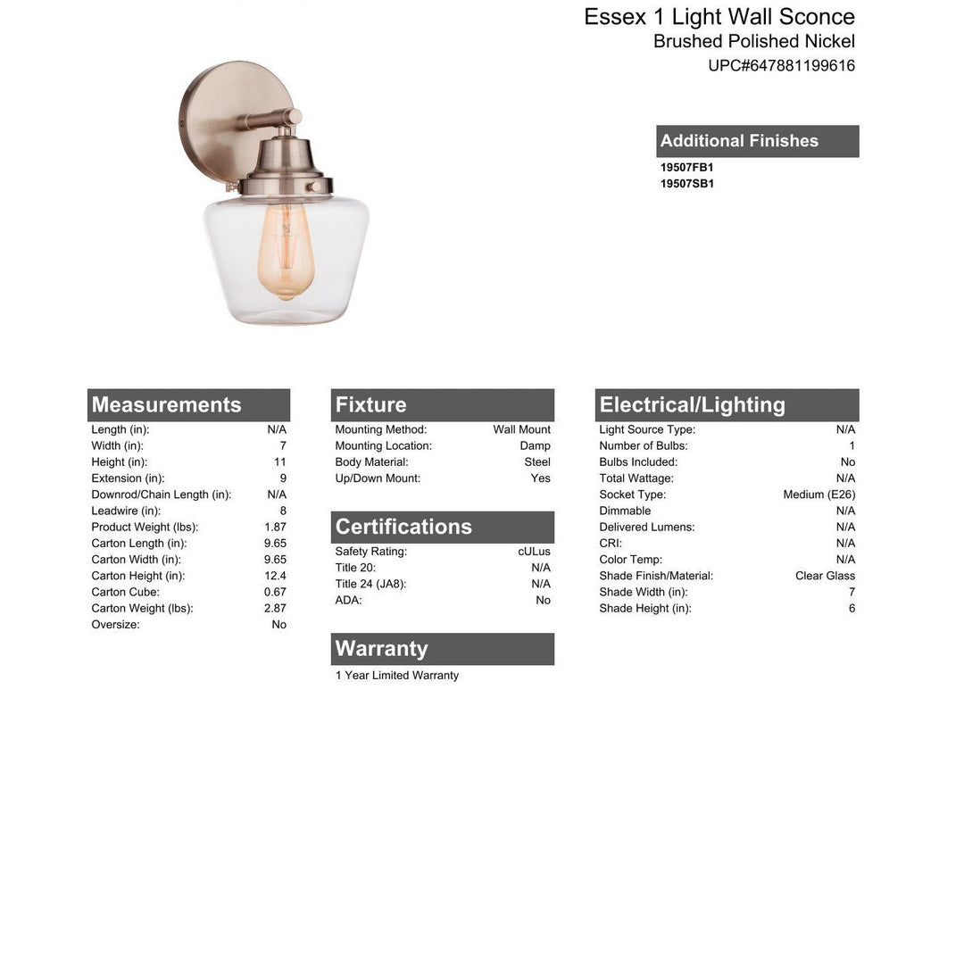 Essex 1 Light Wall Sconce in Brushed Polished Nickel CRAFTMADE