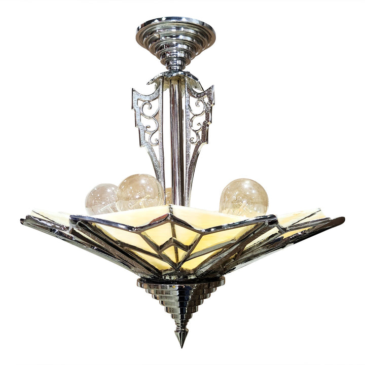 17 Inch Classic Art Deco Close Ceiling Light with Amber Glass (Polished Chrome Finish) COPPER MOUNTAIN HARDWARE