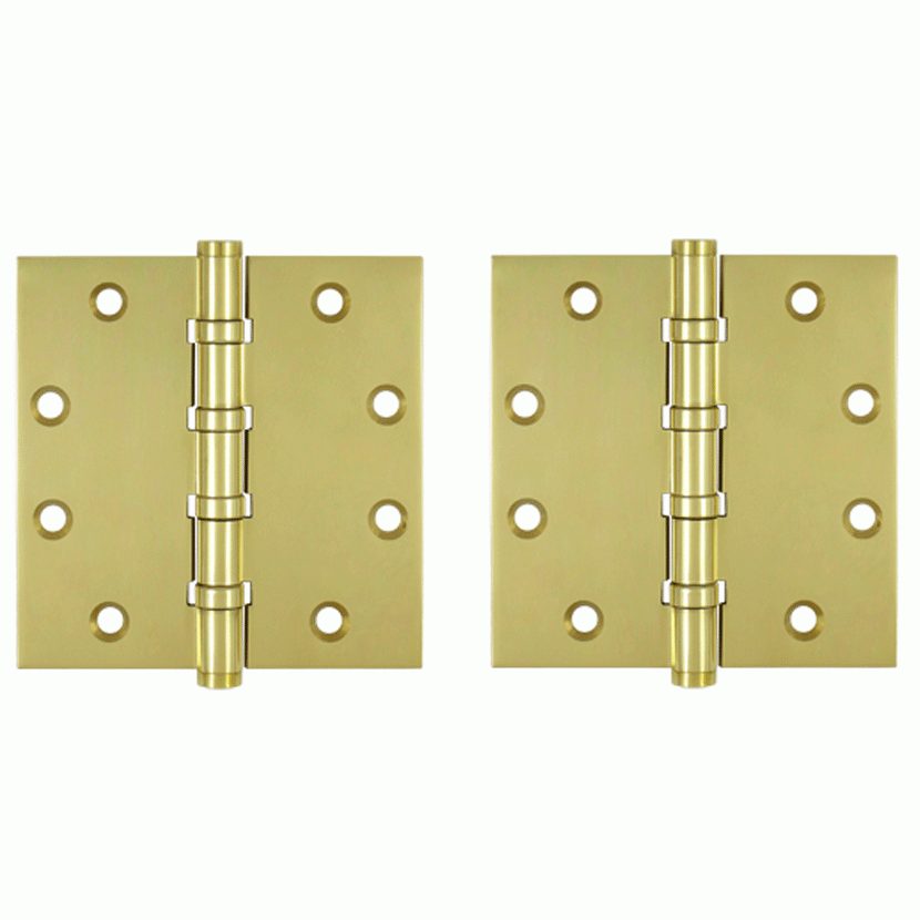 4 1/2 Inch X 4 1/2 Inch Solid Brass Four Ball Bearing Square Hinge (Polished Brass Finish) DELTANA