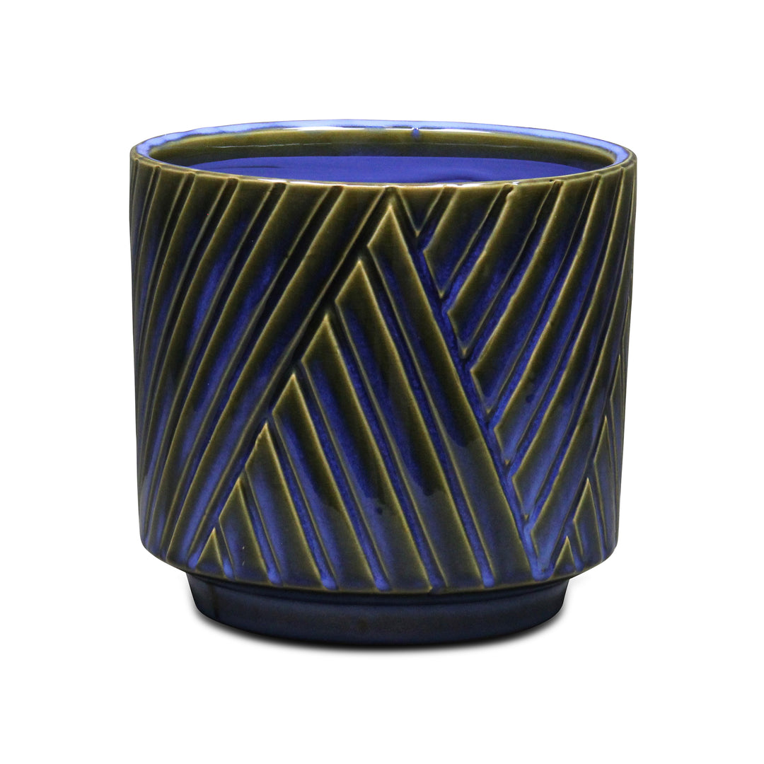 Parlora Crossed Diagonal Pattern Straight Side Ceramic Pot - Large - Blue CHEUNGS