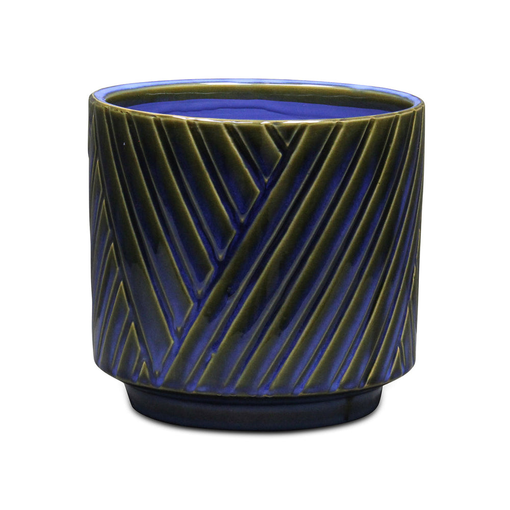 Parlora Crossed Diagonal Pattern Straight Side Ceramic Pot - Large - Blue CHEUNGS