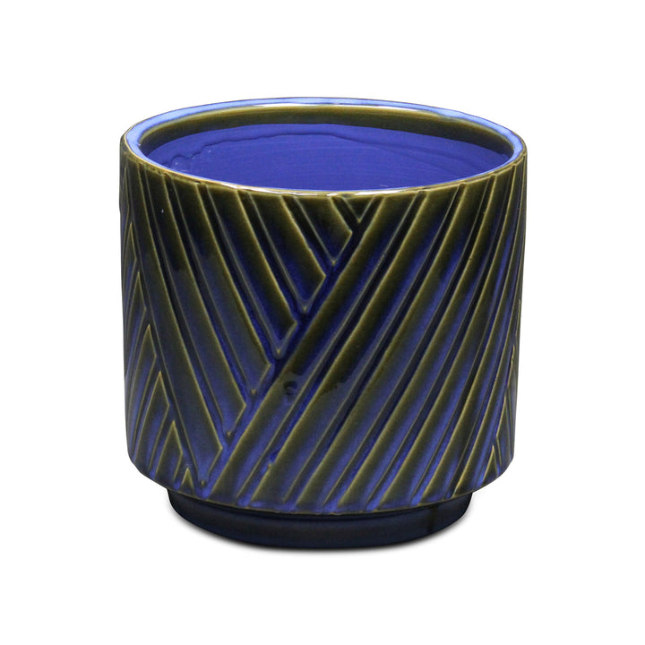 Parlora Crossed Diagonal Pattern Straight Side Ceramic Pot - Large - Blue CHEUNGS