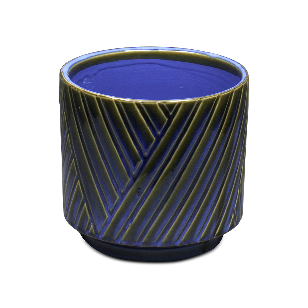 Parlora Crossed Diagonal Pattern Straight Side Ceramic Pot - Large - Blue CHEUNGS