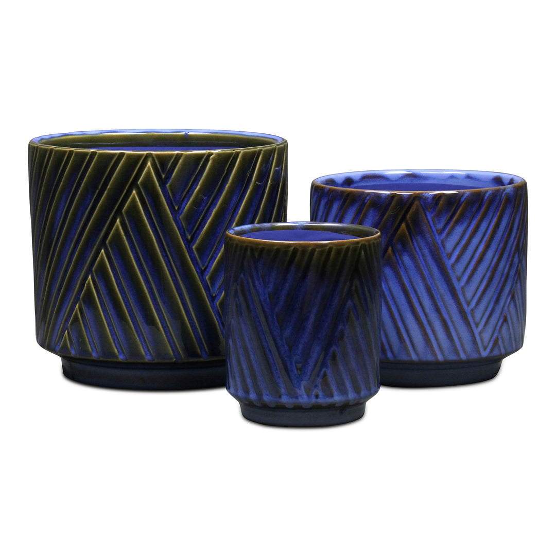 Parlora Crossed Diagonal Pattern Straight Side Ceramic Pot - Large - Blue CHEUNGS