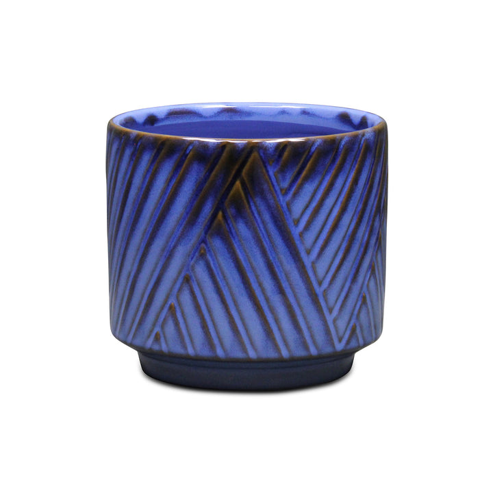 Parlora Crossed Diagonal Pattern Straight Side Ceramic Pot - Medium - Blue CHEUNGS