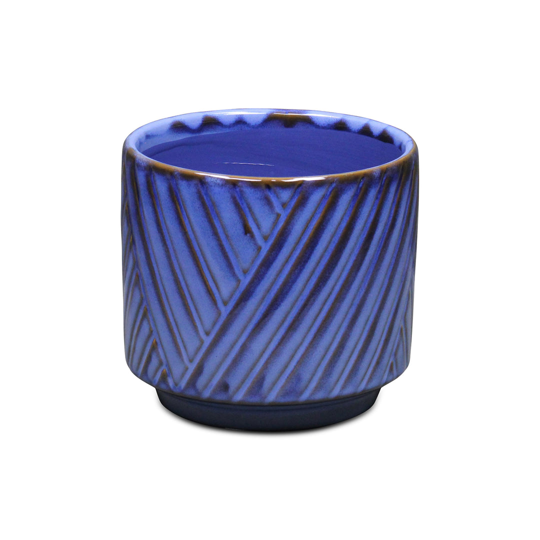 Parlora Crossed Diagonal Pattern Straight Side Ceramic Pot - Medium - Blue CHEUNGS