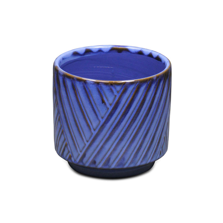 Parlora Crossed Diagonal Pattern Straight Side Ceramic Pot - Medium - Blue CHEUNGS