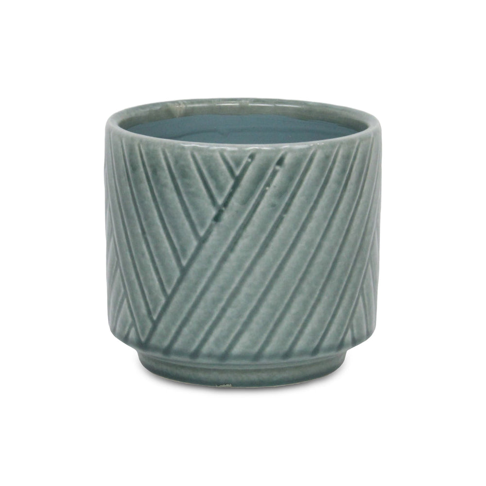 Parlora Crossed Diagonal Pattern Straight Side Ceramic Pot - Medium - Green CHEUNGS