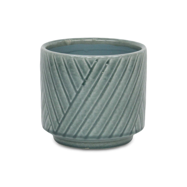 Parlora Crossed Diagonal Pattern Straight Side Ceramic Pot - Medium - Green CHEUNGS