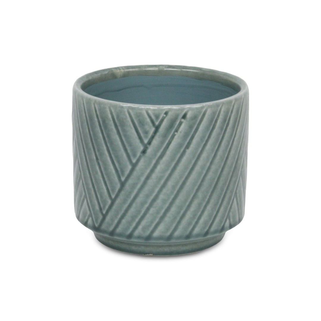 Parlora Crossed Diagonal Pattern Straight Side Ceramic Pot - Medium - Green CHEUNGS