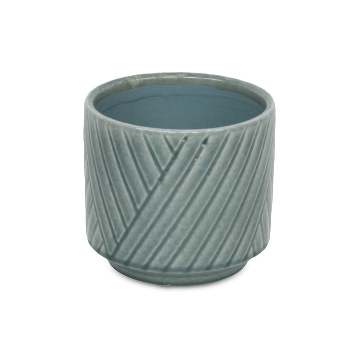 Parlora Crossed Diagonal Pattern Straight Side Ceramic Pot - Medium - Green CHEUNGS