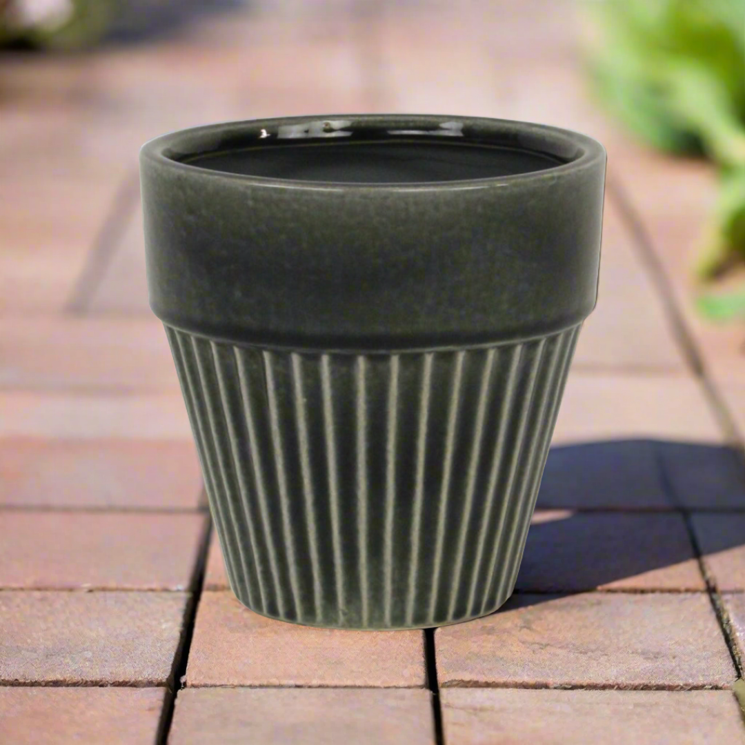 Corseta Tapered Vertical Lined Pattern Ceramic Pot - Large - Dark Gray CHEUNGS