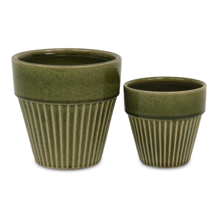 Corseta Tapered Vertical Lined Pattern Ceramic Pot - Large - Olive Green CHEUNGS