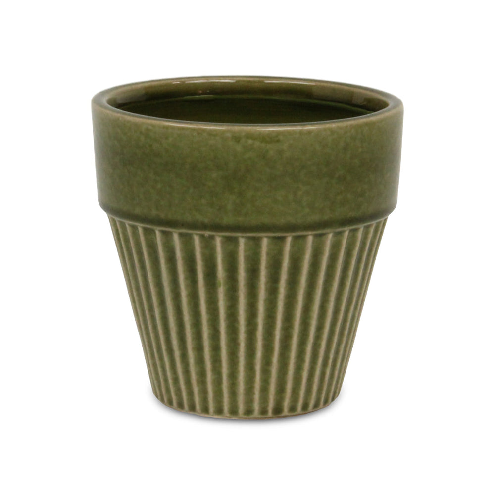 Corseta Tapered Vertical Lined Pattern Ceramic Pot - Large - Olive Green CHEUNGS