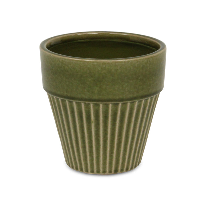 Corseta Tapered Vertical Lined Pattern Ceramic Pot - Large - Olive Green CHEUNGS