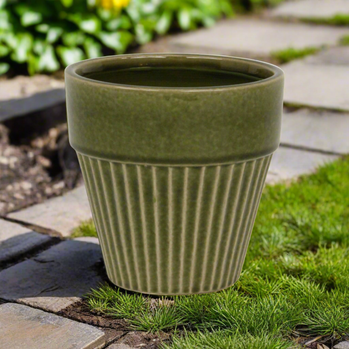 Corseta Tapered Vertical Lined Pattern Ceramic Pot - Large - Olive Green CHEUNGS