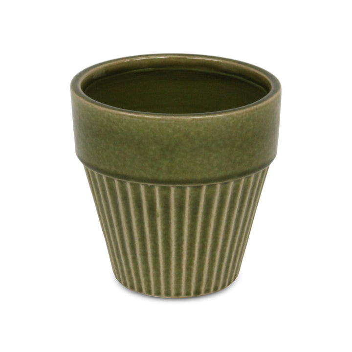 Corseta Tapered Vertical Lined Pattern Ceramic Pot - Large - Olive Green CHEUNGS