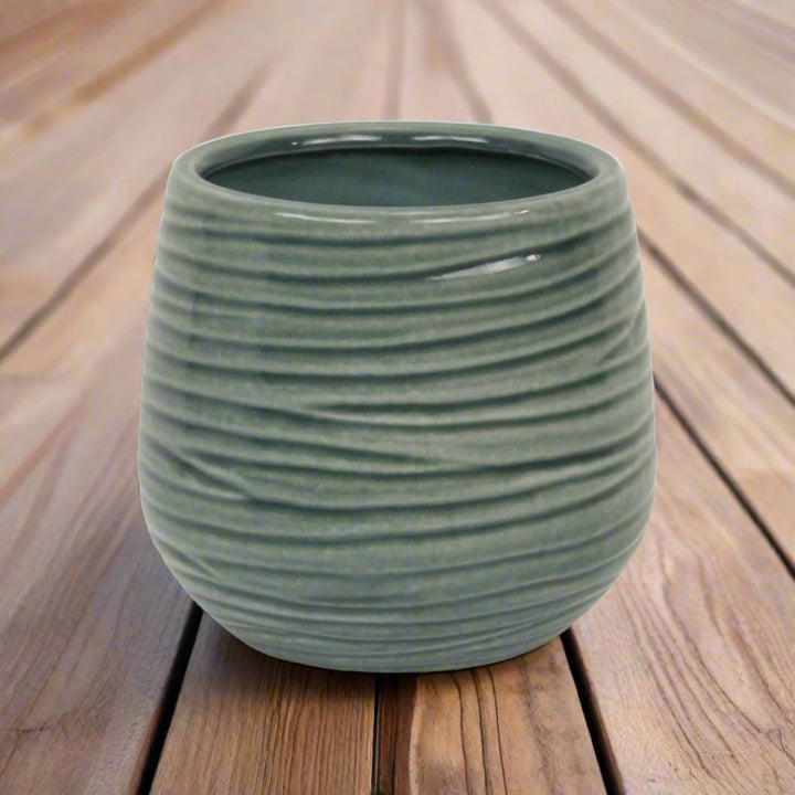 Fairloam Round Curved Wave Lined Pattern Ceramic Pot- Large - Green CHEUNGS