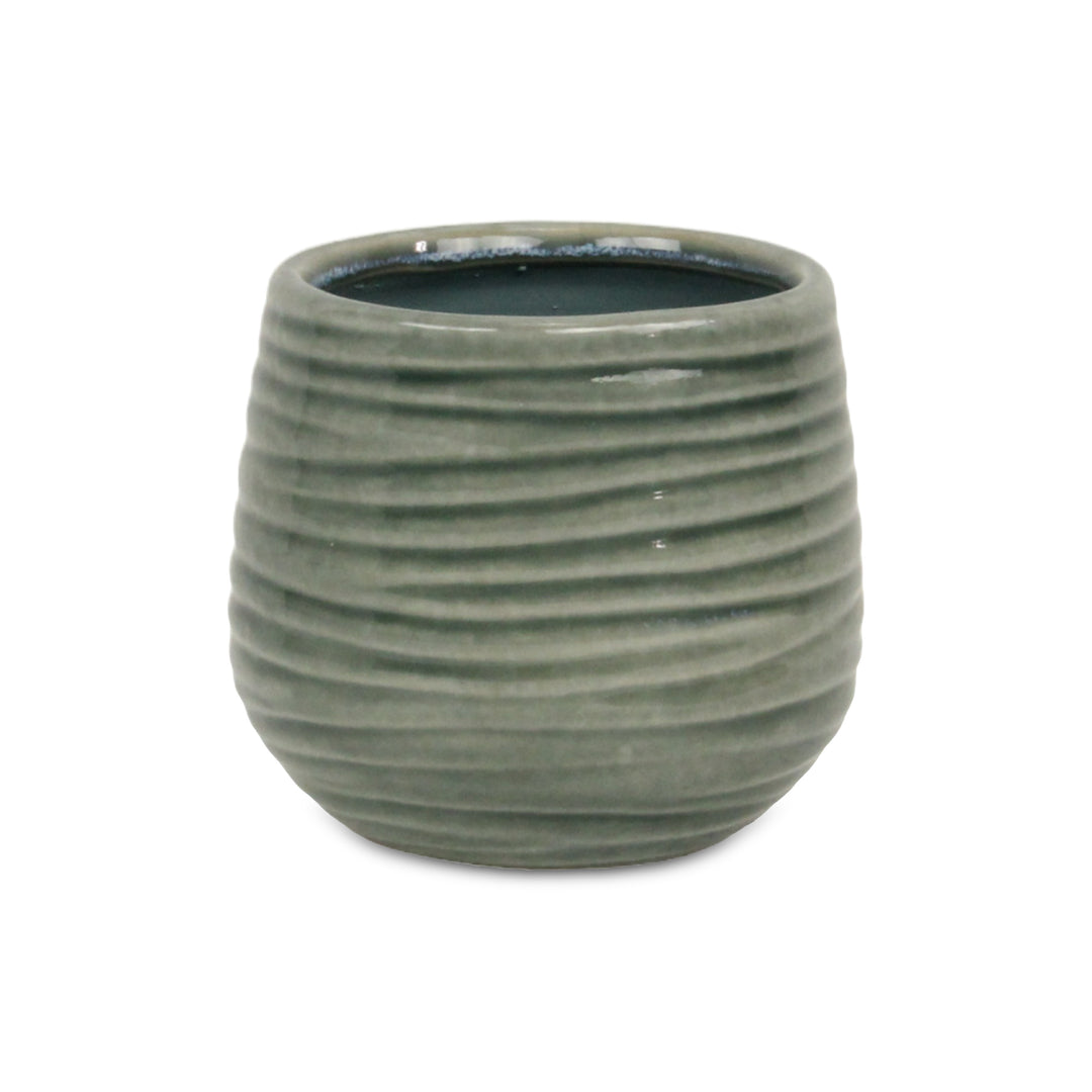 Fairloam Round Curved Wave Lined Pattern Ceramic Pot- Medium - Green CHEUNGS