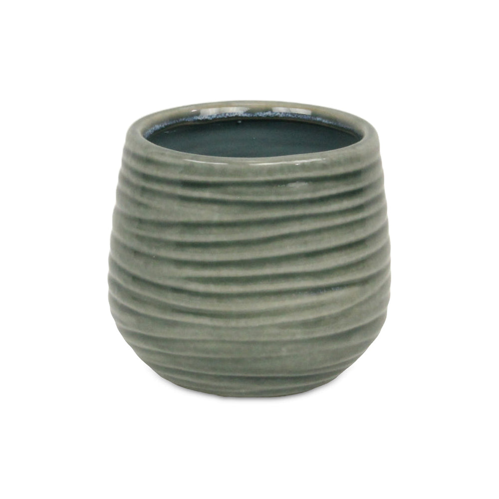 Fairloam Round Curved Wave Lined Pattern Ceramic Pot- Medium - Green CHEUNGS