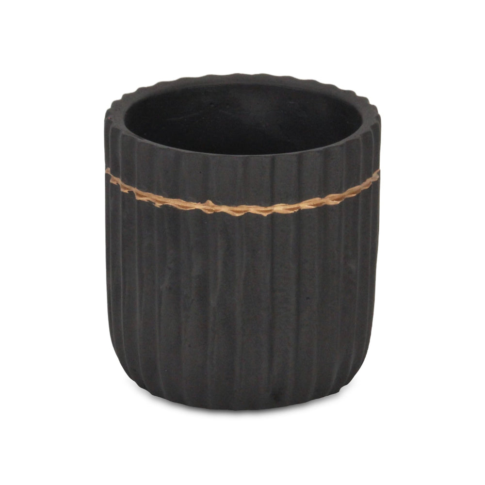 Aurine Round Gold Trimmed Ridged Ceramic Pot - Large - Black CHEUNGS