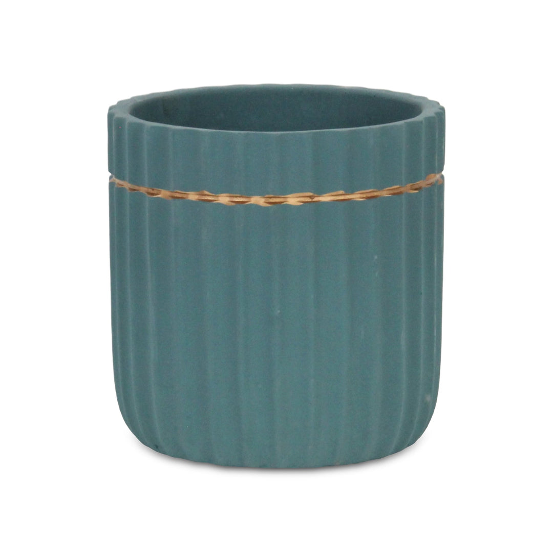 Aurine Round Gold Trimmed Ridged Ceramic Pot - Large - Blue CHEUNGS