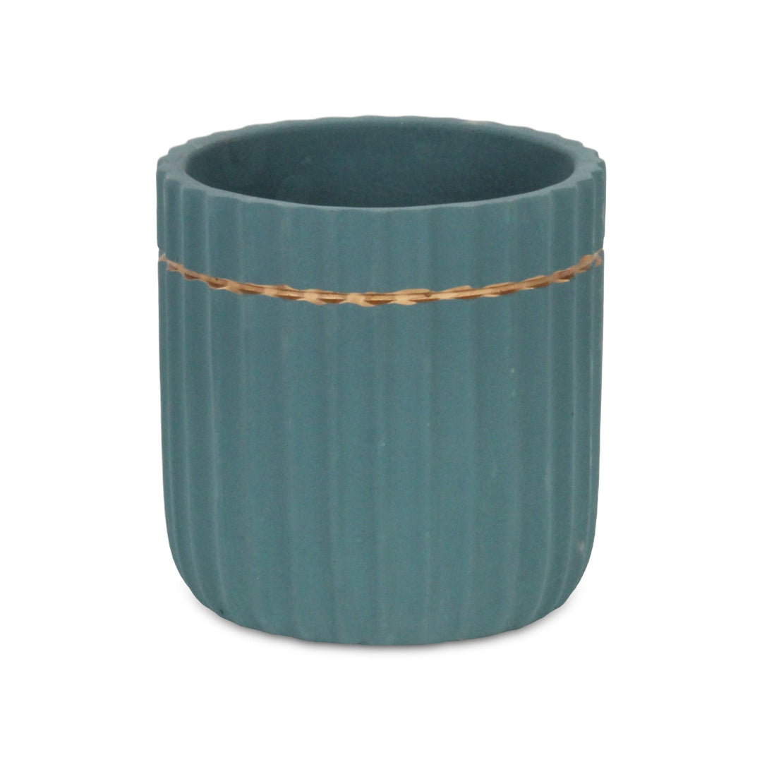 Aurine Round Gold Trimmed Ridged Ceramic Pot - Large - Blue CHEUNGS