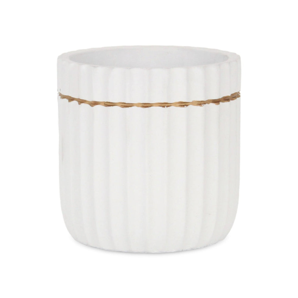 Aurine Round Gold Trimmed Ridged Ceramic Pot - Large - White CHEUNGS