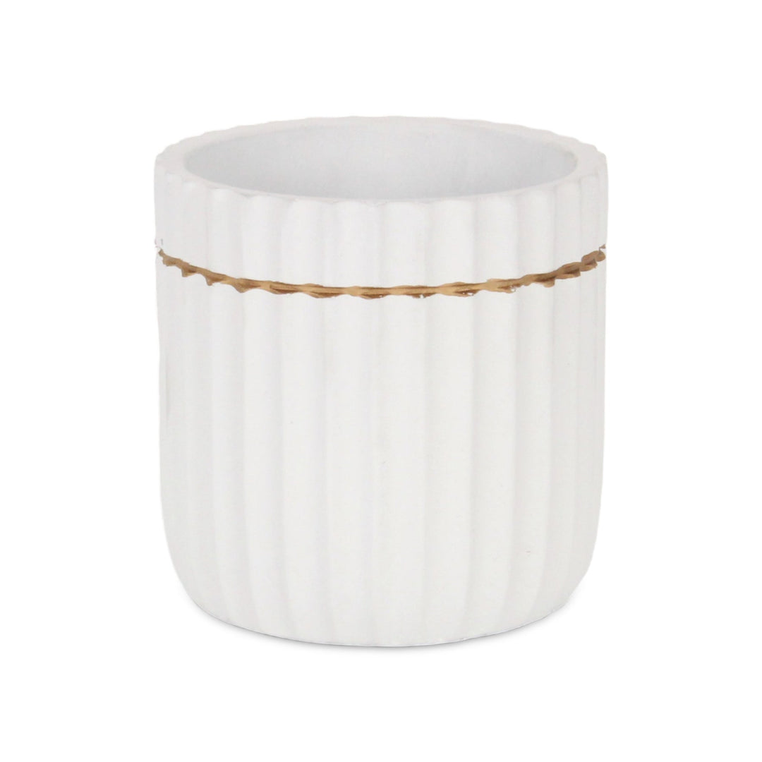 Aurine Round Gold Trimmed Ridged Ceramic Pot - Large - White CHEUNGS