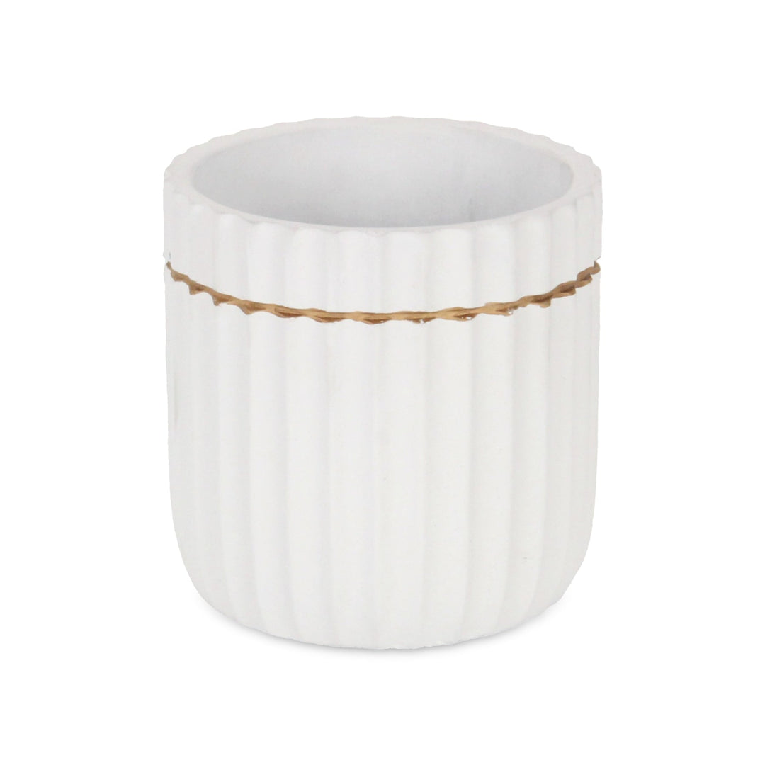 Aurine Round Gold Trimmed Ridged Ceramic Pot - Large - White CHEUNGS