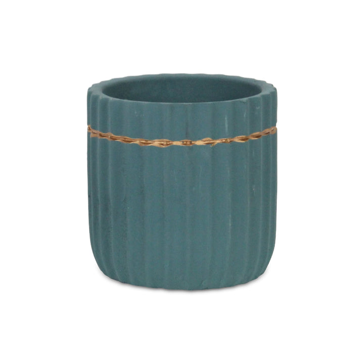 Aurine Round Gold Trimmed Ridged Ceramic Pot - Small - Blue CHEUNGS