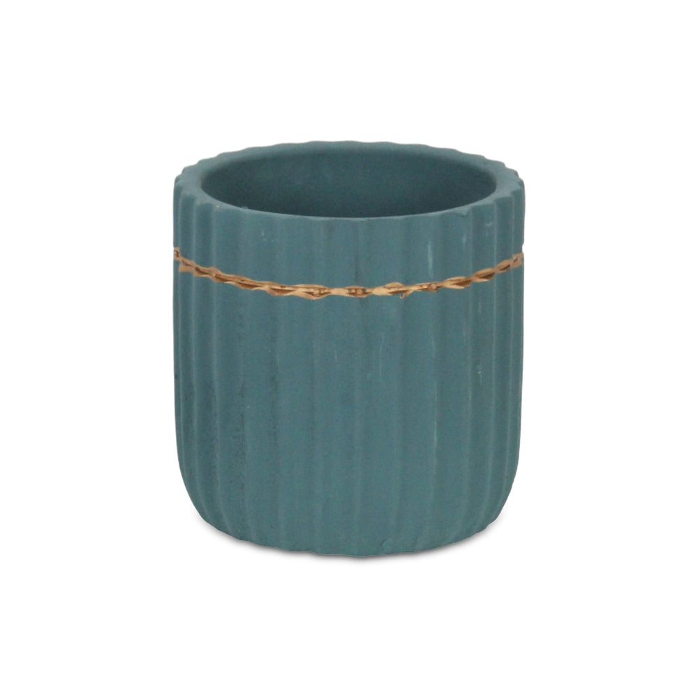 Aurine Round Gold Trimmed Ridged Ceramic Pot - Small - Blue CHEUNGS