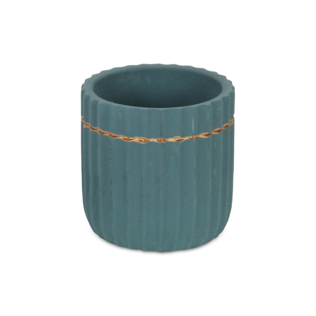 Aurine Round Gold Trimmed Ridged Ceramic Pot - Small - Blue CHEUNGS