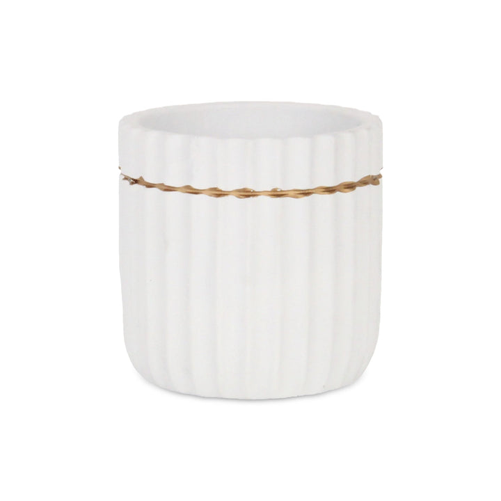 Aurine Round Gold Trimmed Ridged Ceramic Pot - Small - White CHEUNGS