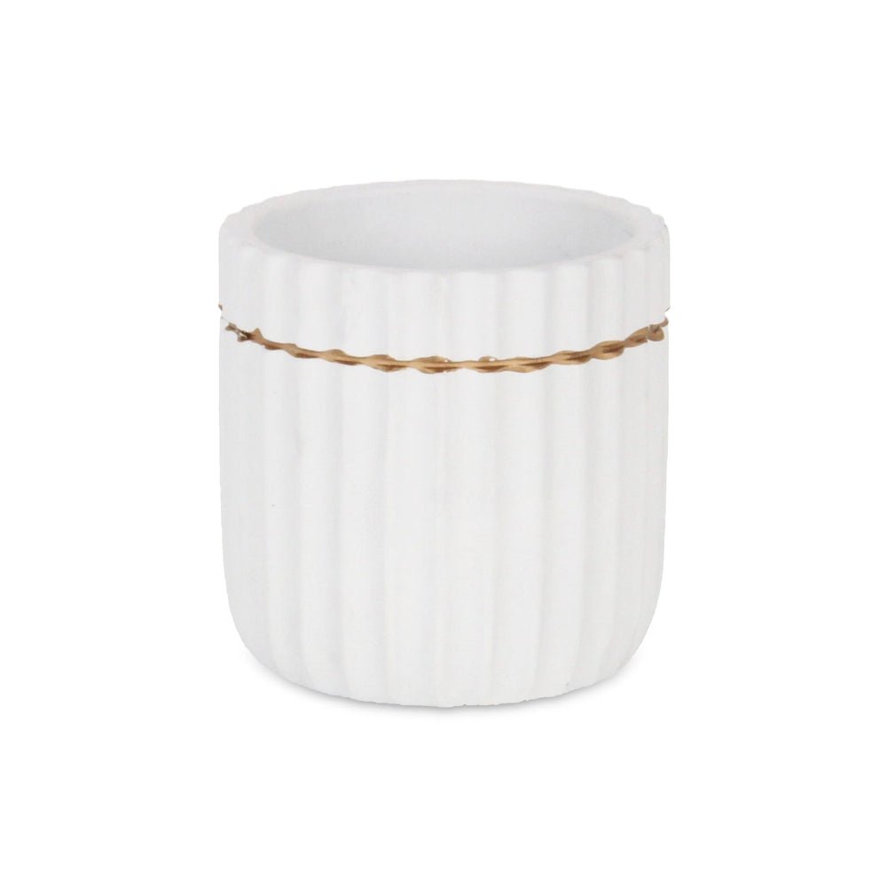 Aurine Round Gold Trimmed Ridged Ceramic Pot - Small - White CHEUNGS