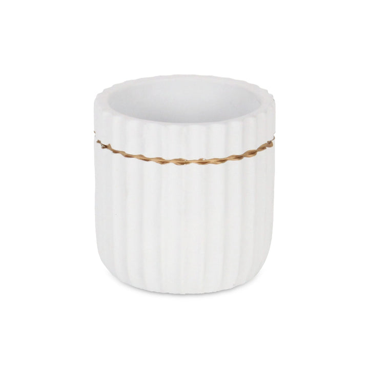 Aurine Round Gold Trimmed Ridged Ceramic Pot - Small - White CHEUNGS