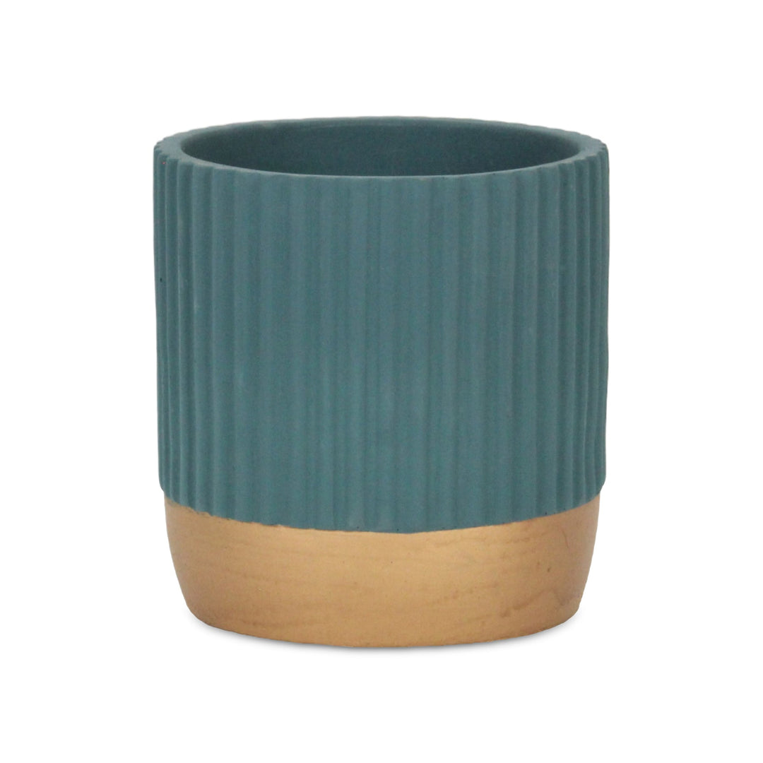 Aurone Round Ridged Ceramic Pot with Gold Finished Base - Large - Blue CHEUNGS