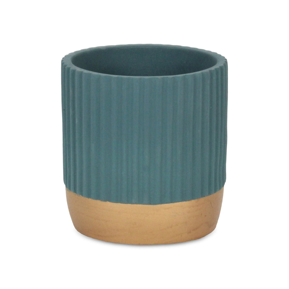 Aurone Round Ridged Ceramic Pot with Gold Finished Base - Large - Blue CHEUNGS