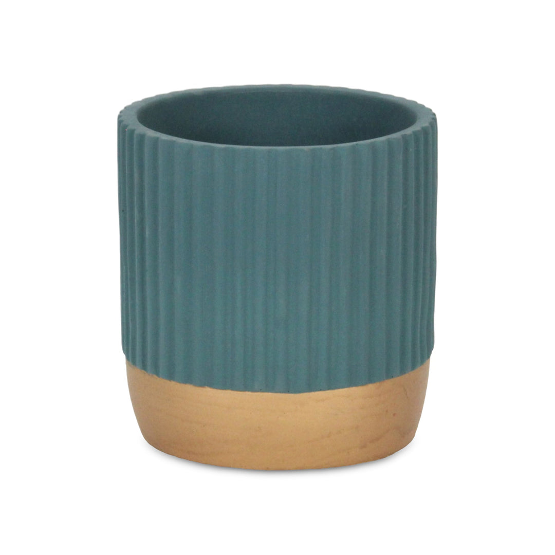 Aurone Round Ridged Ceramic Pot with Gold Finished Base - Large - Blue CHEUNGS