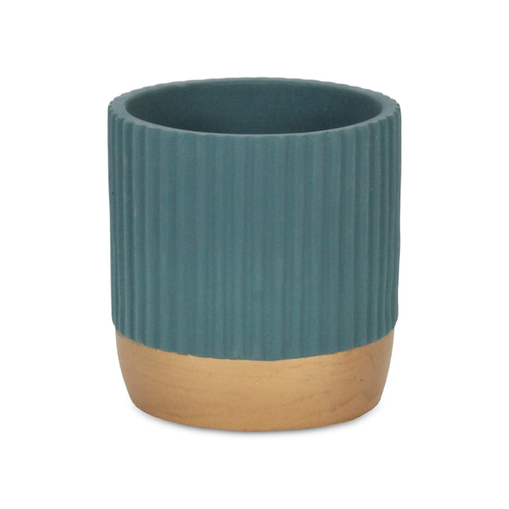 Aurone Round Ridged Ceramic Pot with Gold Finished Base - Large - Blue CHEUNGS