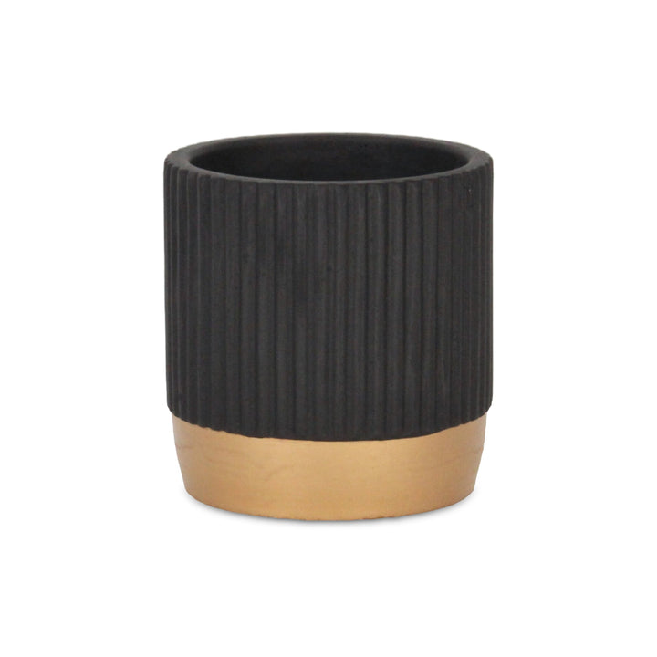 Aurone Round Ridged Ceramic Pot with Gold Finished Base - Small - Black CHEUNGS