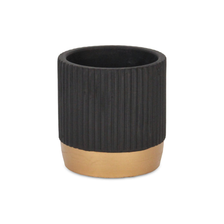 Aurone Round Ridged Ceramic Pot with Gold Finished Base - Small - Black CHEUNGS