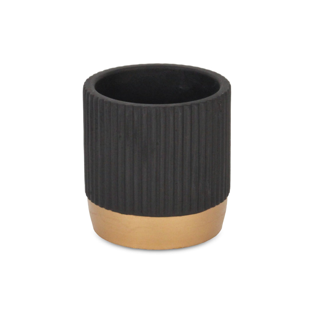 Aurone Round Ridged Ceramic Pot with Gold Finished Base - Small - Black CHEUNGS