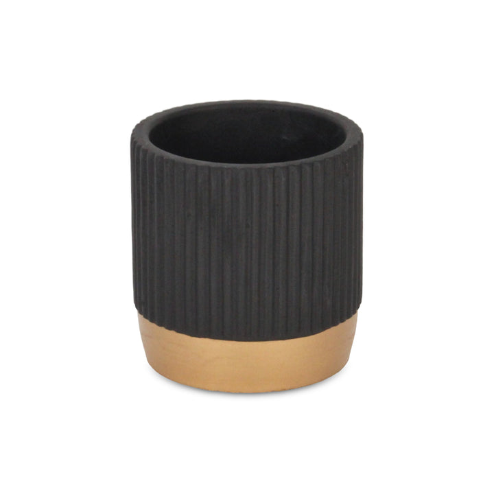 Aurone Round Ridged Ceramic Pot with Gold Finished Base - Small - Black CHEUNGS