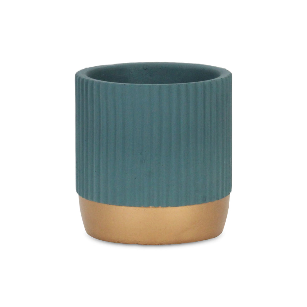 Aurone Round Ridged Ceramic Pot with Gold Finished Base - Small - Blue CHEUNGS