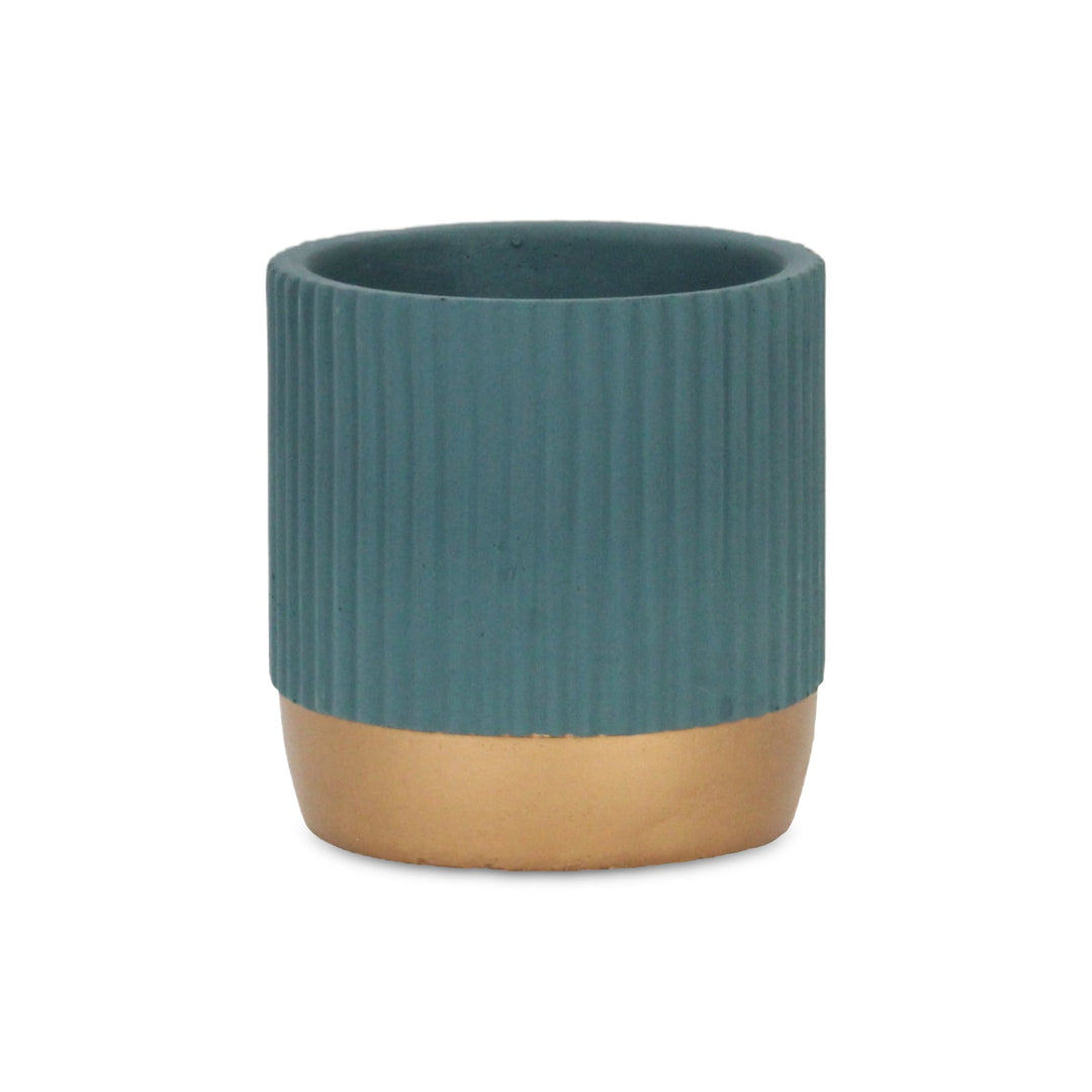 Aurone Round Ridged Ceramic Pot with Gold Finished Base - Small - Blue CHEUNGS