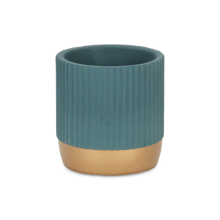 Aurone Round Ridged Ceramic Pot with Gold Finished Base - Small - Blue CHEUNGS