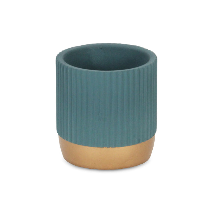 Aurone Round Ridged Ceramic Pot with Gold Finished Base - Small - Blue CHEUNGS