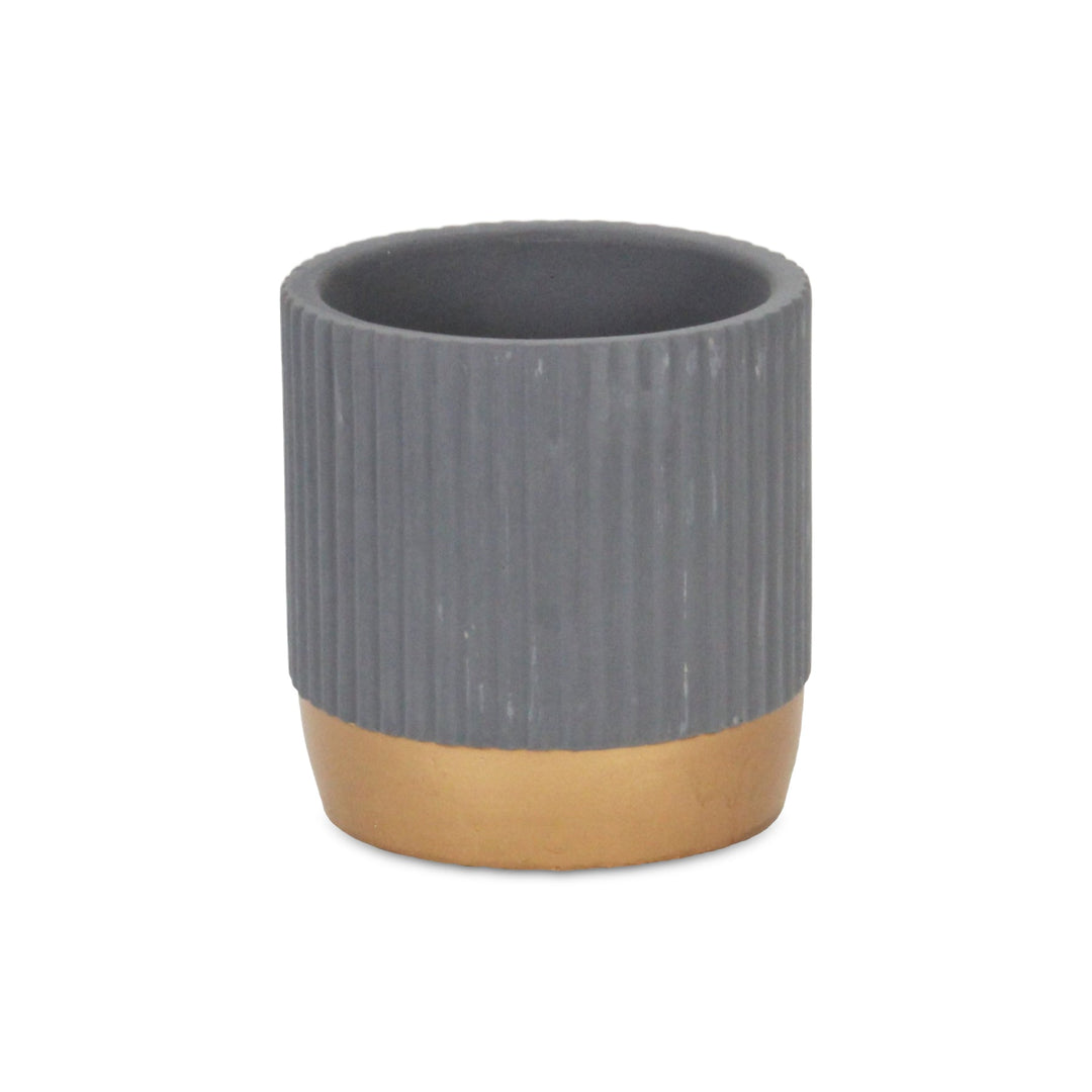 Aurone Round Ridged Ceramic Pot with Gold Finished Base - Small - Gray CHEUNGS